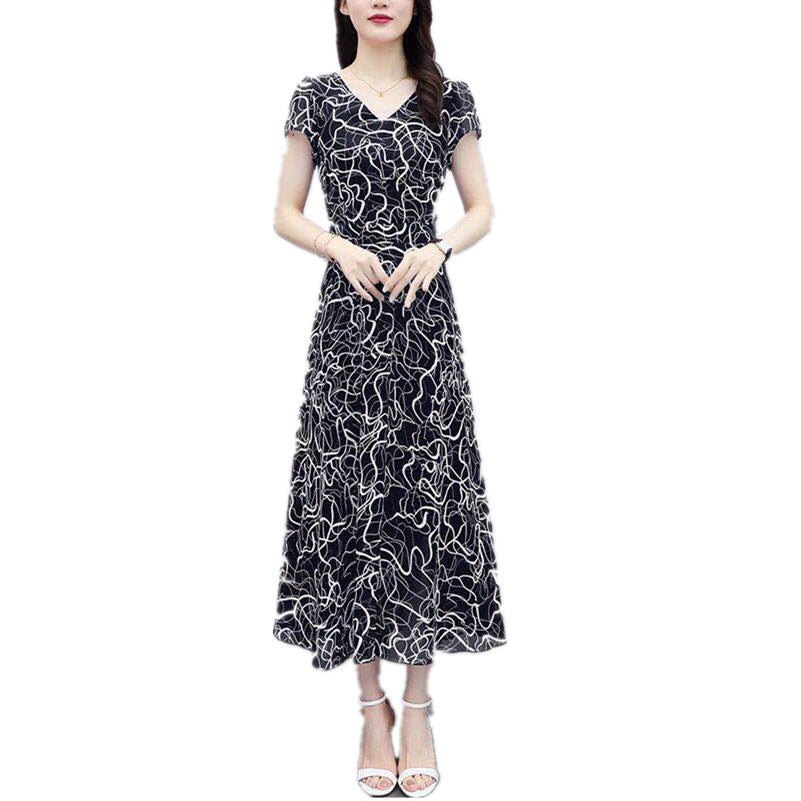 Fashion Simple V-Neck Floral Chiffon Dress