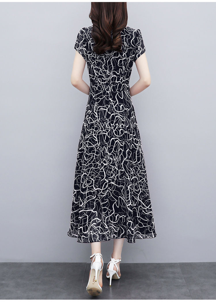 Fashion Simple V-Neck Floral Chiffon Dress