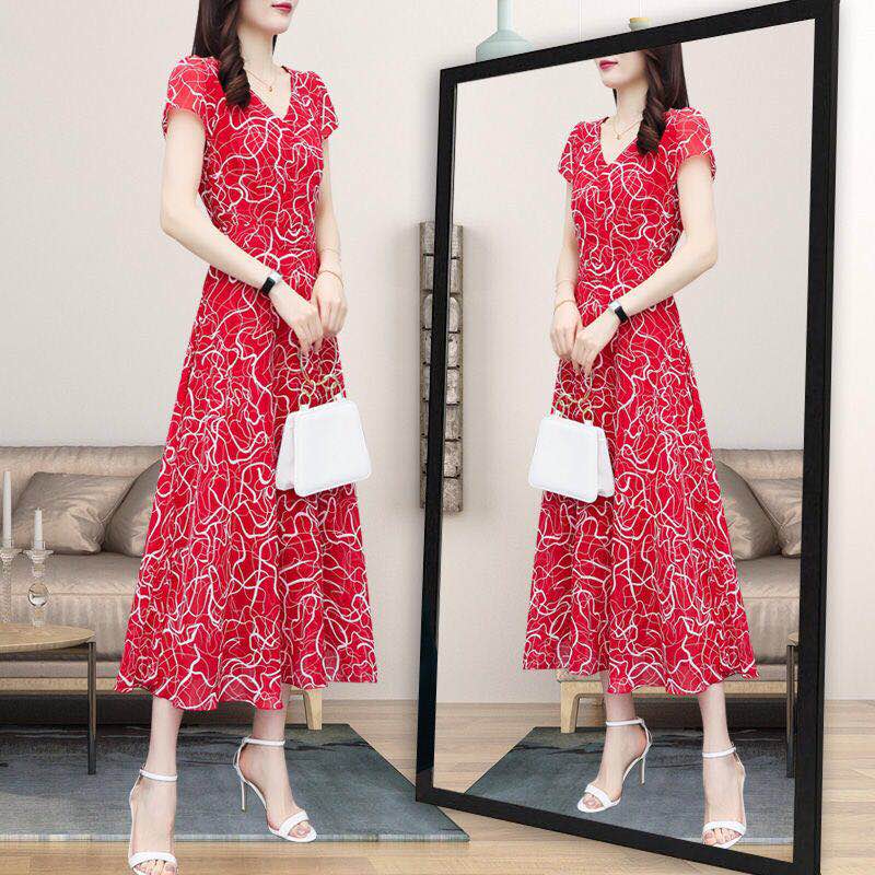 Fashion Simple V-Neck Floral Chiffon Dress