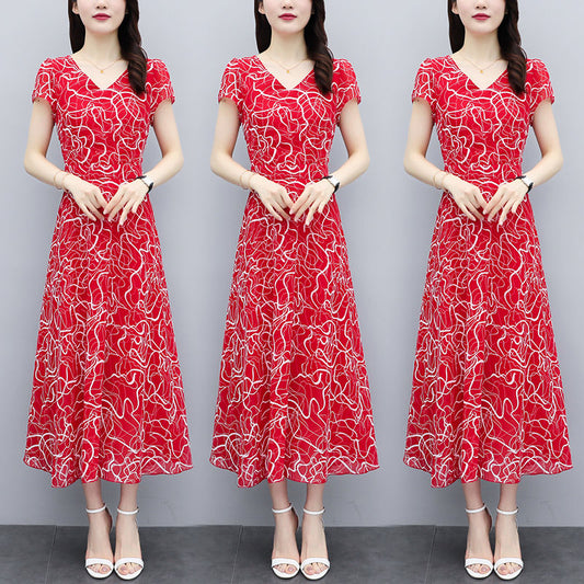 Fashion Simple V-Neck Floral Chiffon Dress