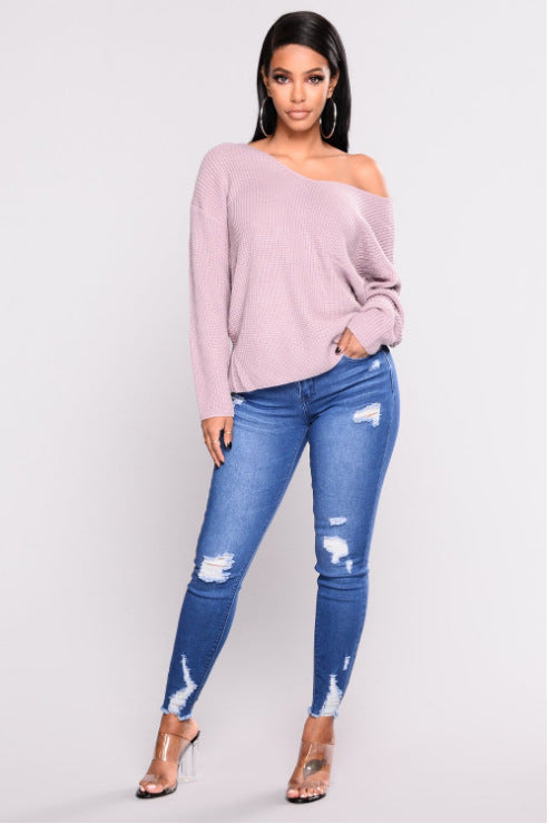 European And American Stretch Ripped High-Waisted Jeans