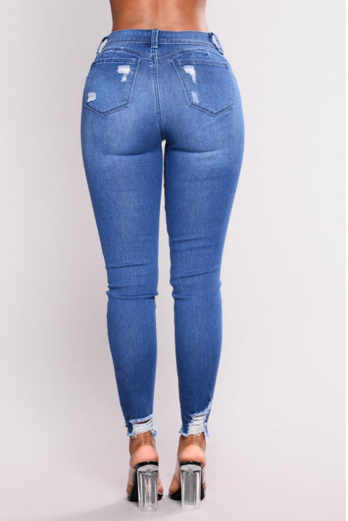 European And American Stretch Ripped High-Waisted Jeans