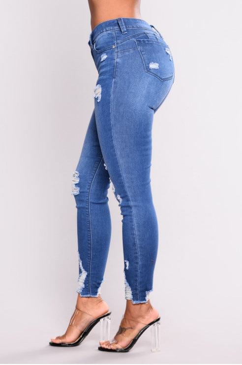 European And American Stretch Ripped High-Waisted Jeans