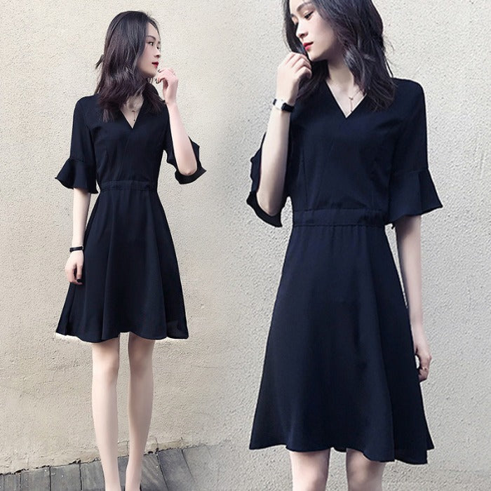 Hepburn Platycodon Skirt Spring And Summer New Black Slim V-neck Temperament Waist Down French Dress