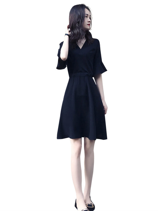 Hepburn Platycodon Skirt Spring And Summer New Black Slim V-neck Temperament Waist Down French Dress