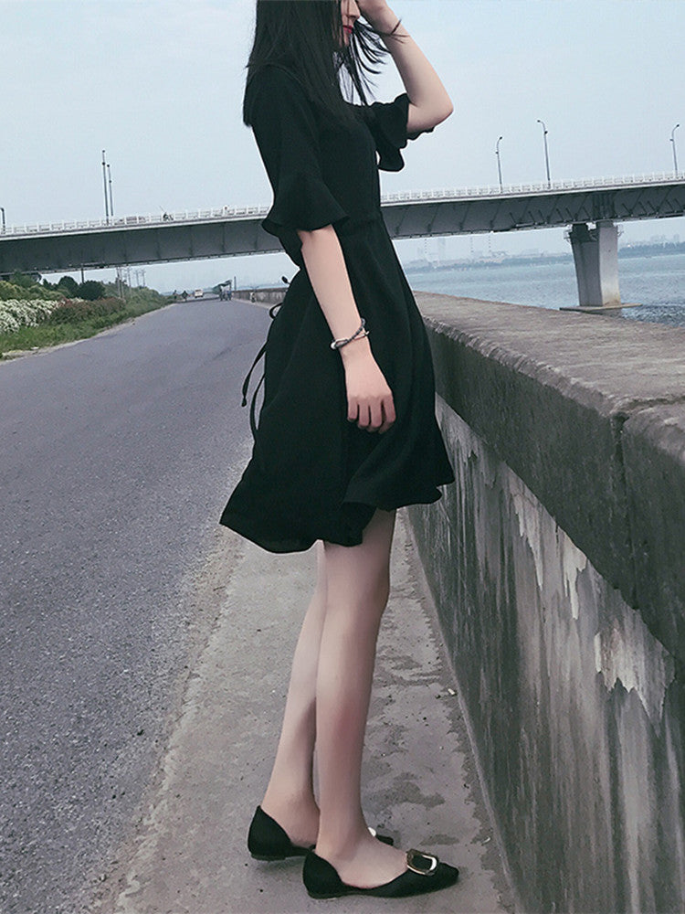 Hepburn Platycodon Skirt Spring And Summer New Black Slim V-neck Temperament Waist Down French Dress