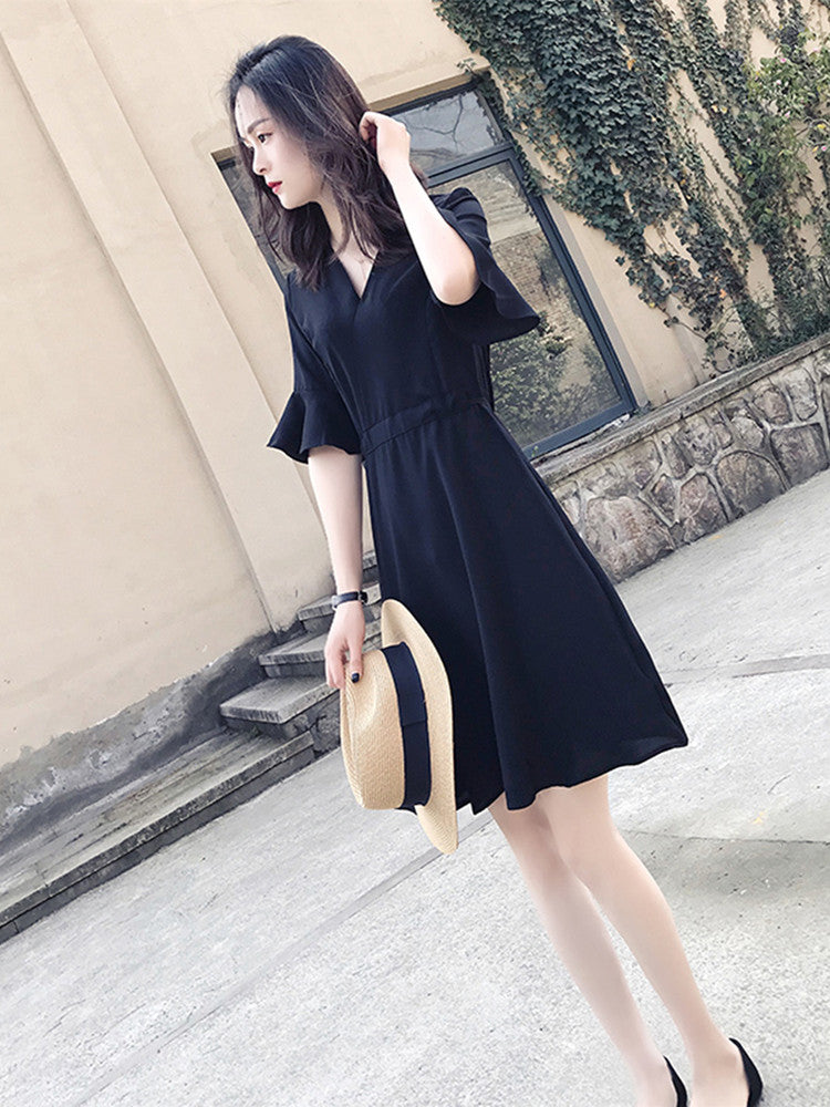 Hepburn Platycodon Skirt Spring And Summer New Black Slim V-neck Temperament Waist Down French Dress