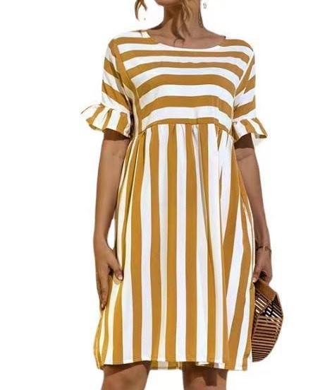 Fashion Simple Ladies Striped Stitching Dress