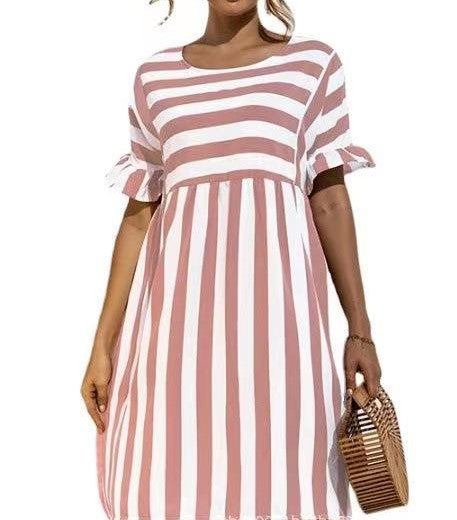 Fashion Simple Ladies Striped Stitching Dress