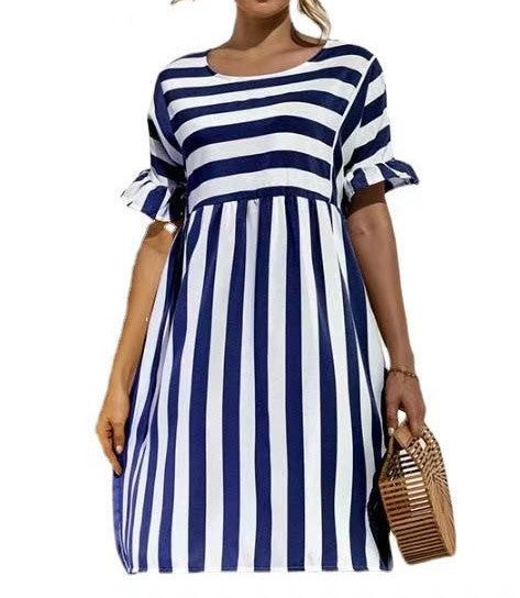 Fashion Simple Ladies Striped Stitching Dress