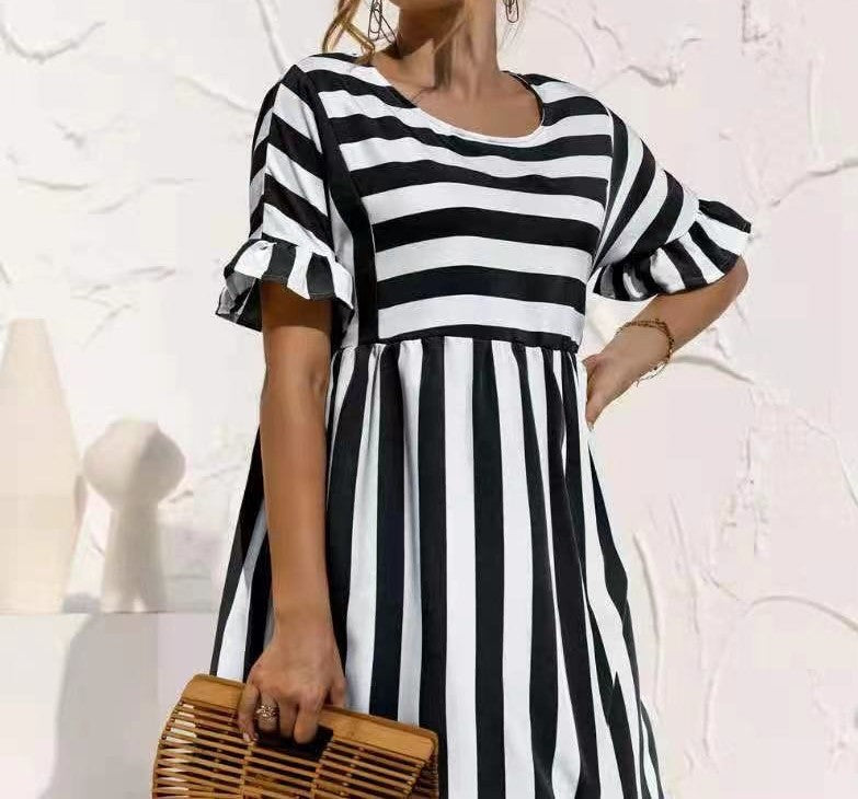 Fashion Simple Ladies Striped Stitching Dress