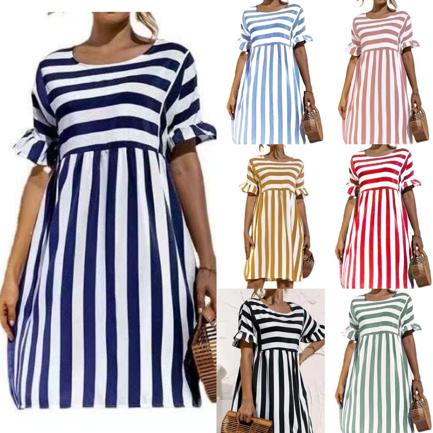 Fashion Simple Ladies Striped Stitching Dress