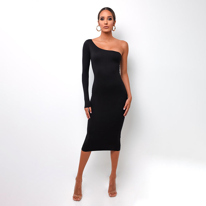 Single Sleeve Inclined Shoulder High Waist Dress