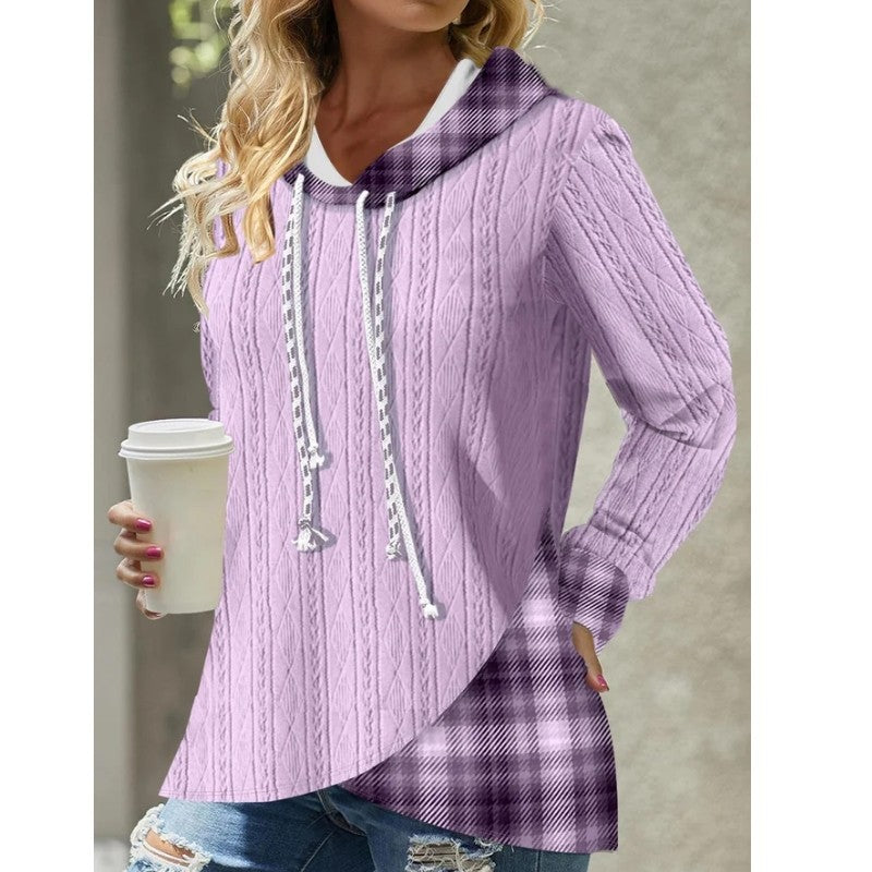 Knitted Stitching Contrast Color Jacquard Hooded Long Sleeve Sweater