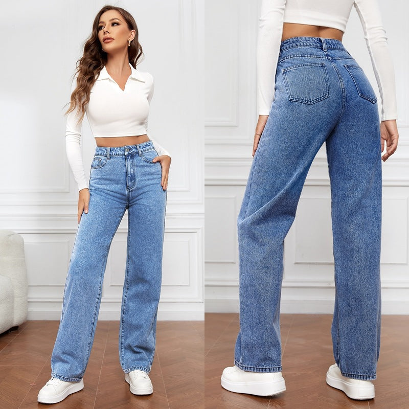 High Waist Straight-leg Denim Trousers Women's Washed Light Color