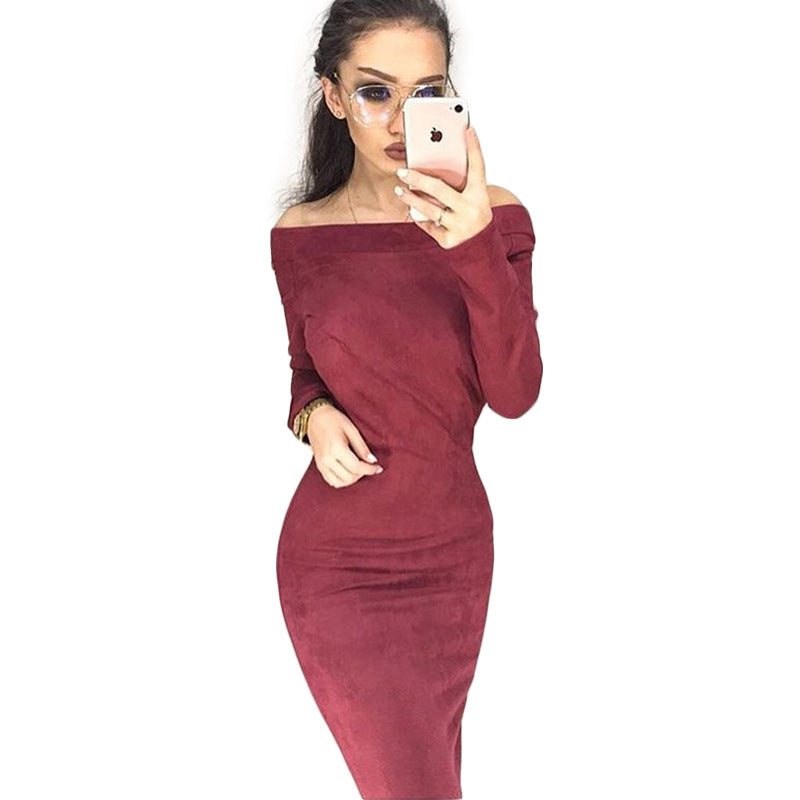 Woman A Word Tight Shoulder Long Sleeve Sexy Dress Burst Sexy Nightclub Wild Models Solid Color Dress