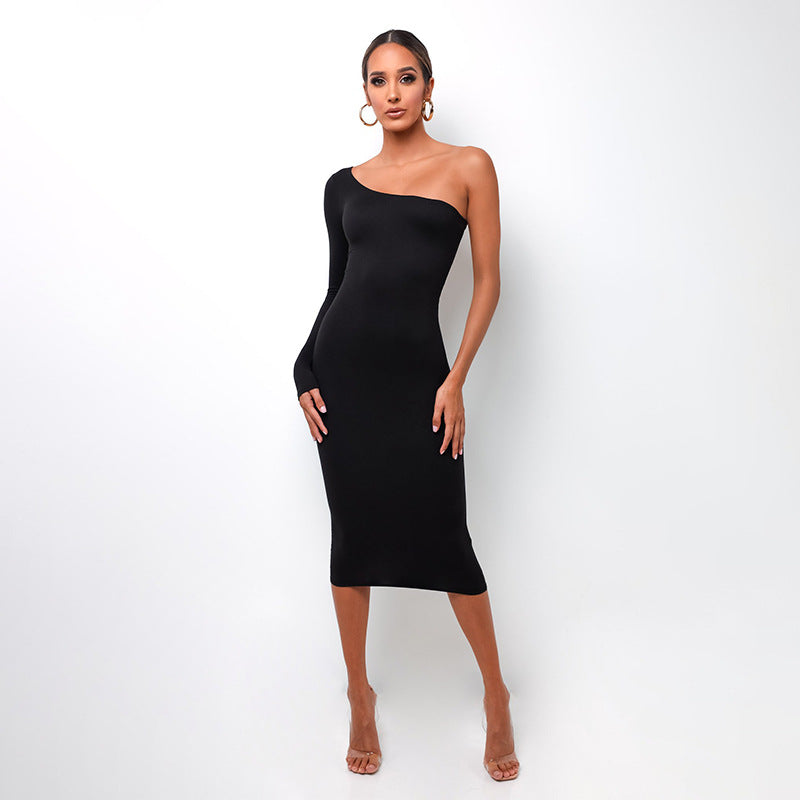 Single Sleeve Inclined Shoulder High Waist Dress