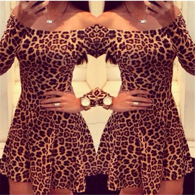 Dress Leopard Print Long Sleeves Off The Shoulder