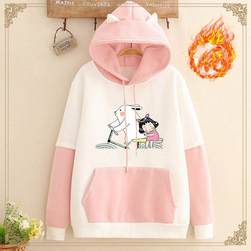 Add Velvet Thickening Match Color Loose Class Clothes Student Girl Hoodie