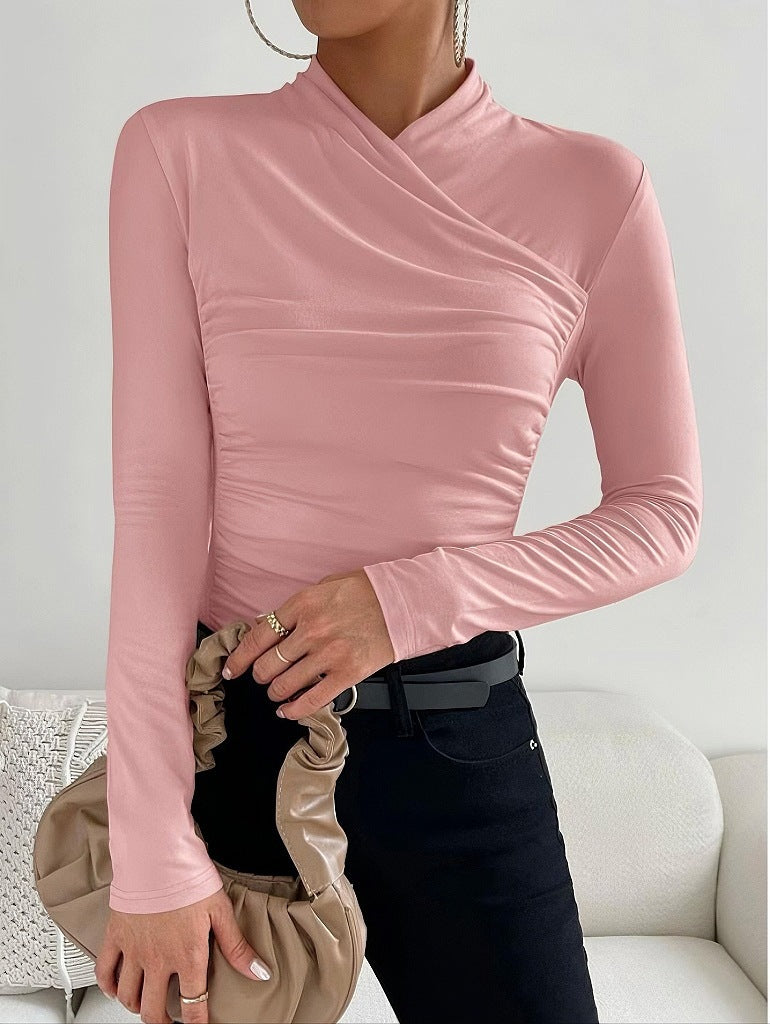 Design Cross Collar Slim Fit All-match Pleating Long Sleeve