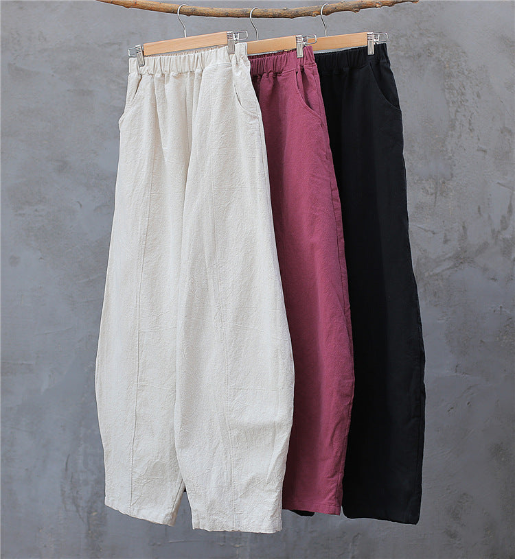 Women's Simple Casual Cotton Linen Harem Wide-leg Trousers Elastic Waist Pants