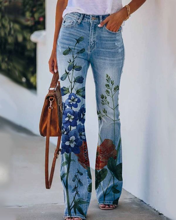 Printed Thin Jeans Large Size Women's Casual Pants