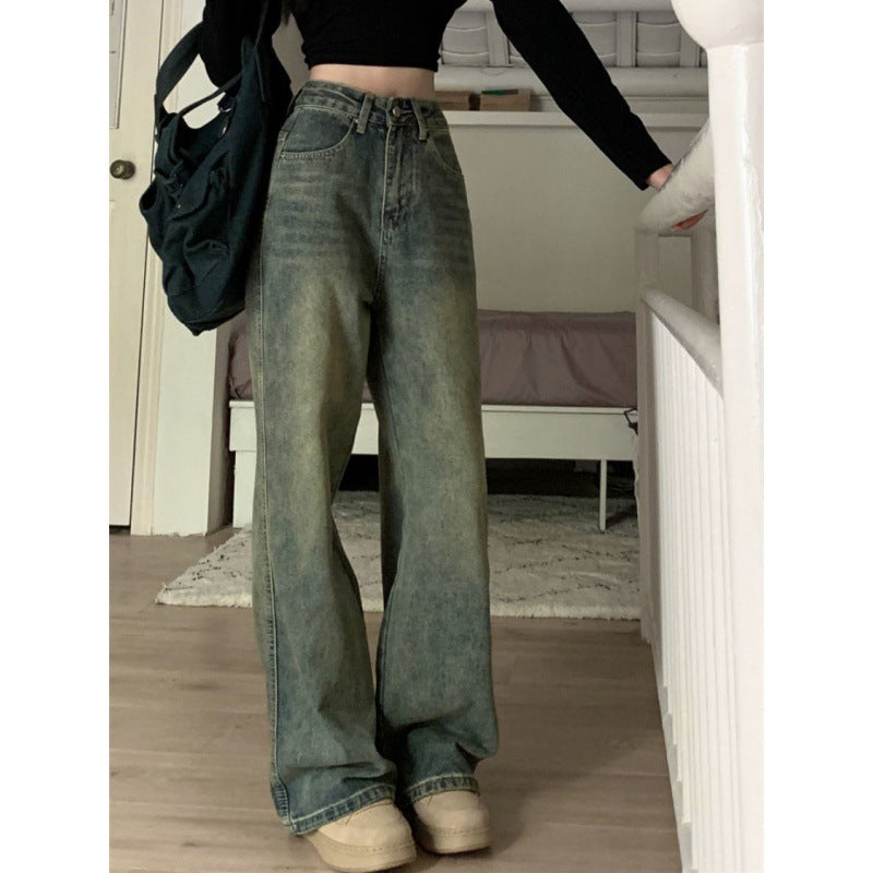 Retro Denim Women's Worn Looking Washed-out Straight Loose Figure Flattering Wide Leg Pants