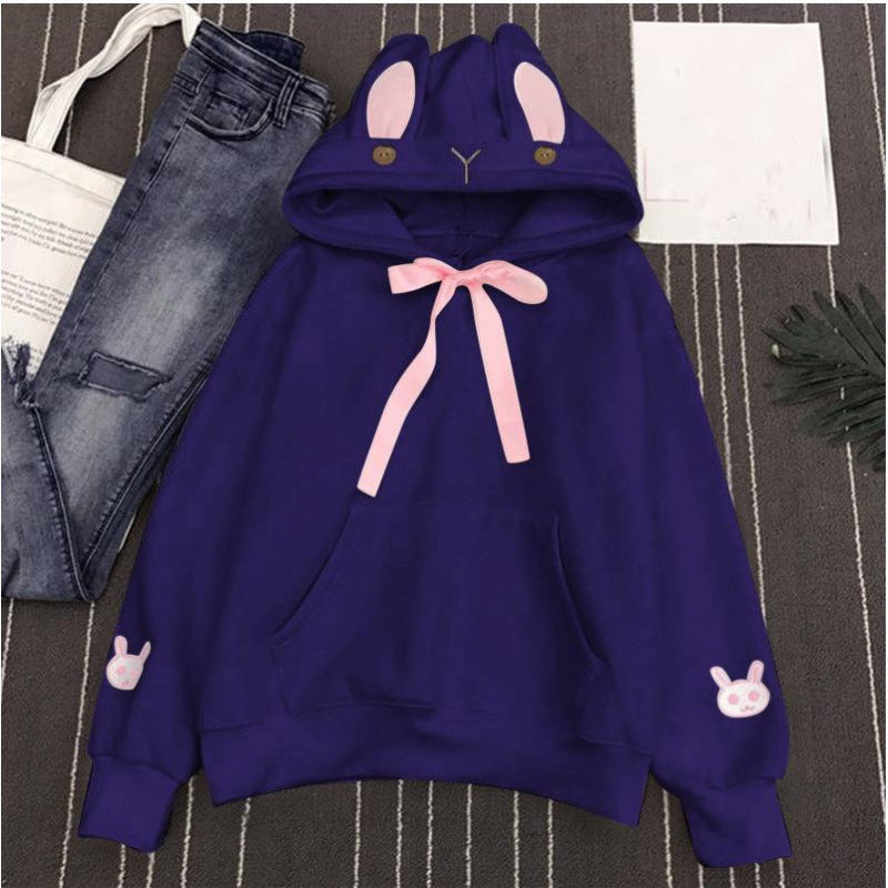 Women's Autumn And Winter Embroidered Cute Rabbit Ear Pocket Hoodie