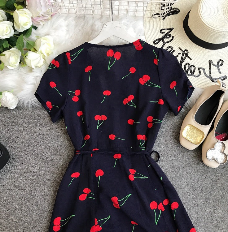 Cherry Mid-length Wrap Skirt Slim Floral Milk Silk Dress