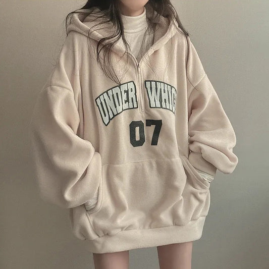 Letter Zipper Hooded Sweater For Women Fleece-lined Thickened