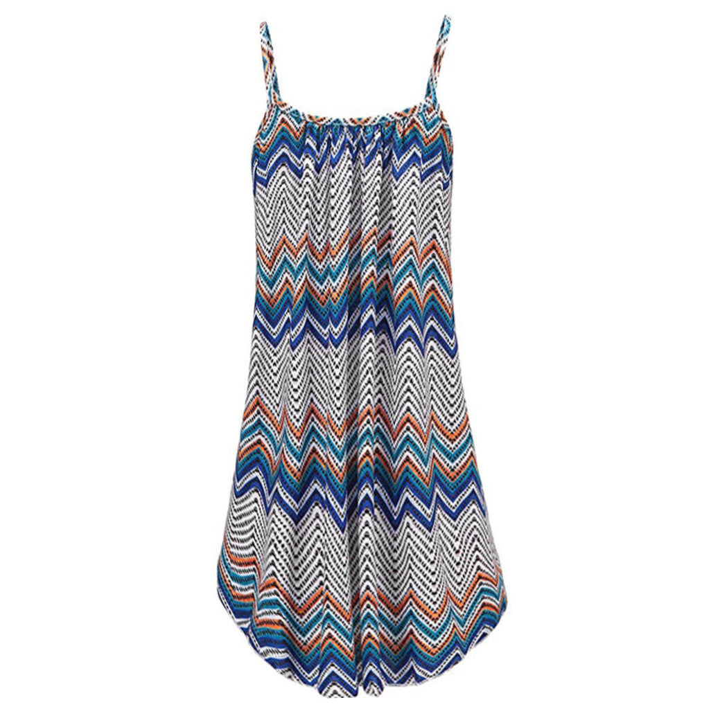 Printed pleated large swing loose strap dress