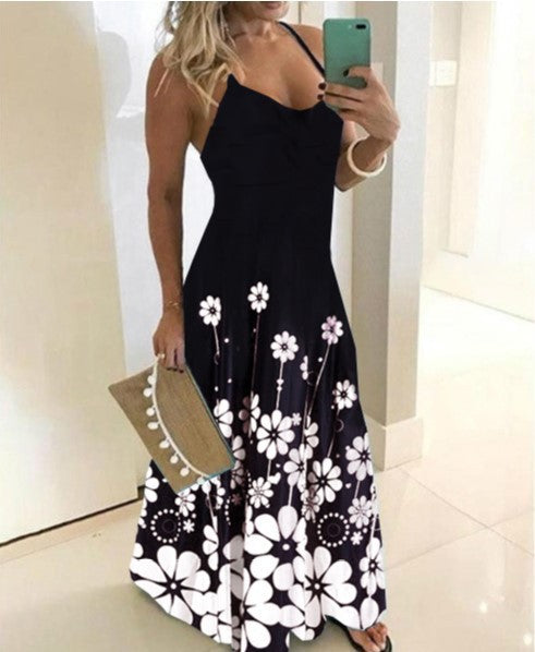 V-neck positioning floral sling dress