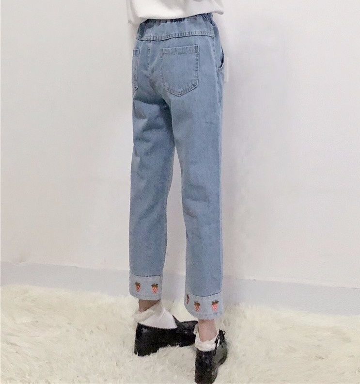 Strawberry embroidery slim jeans