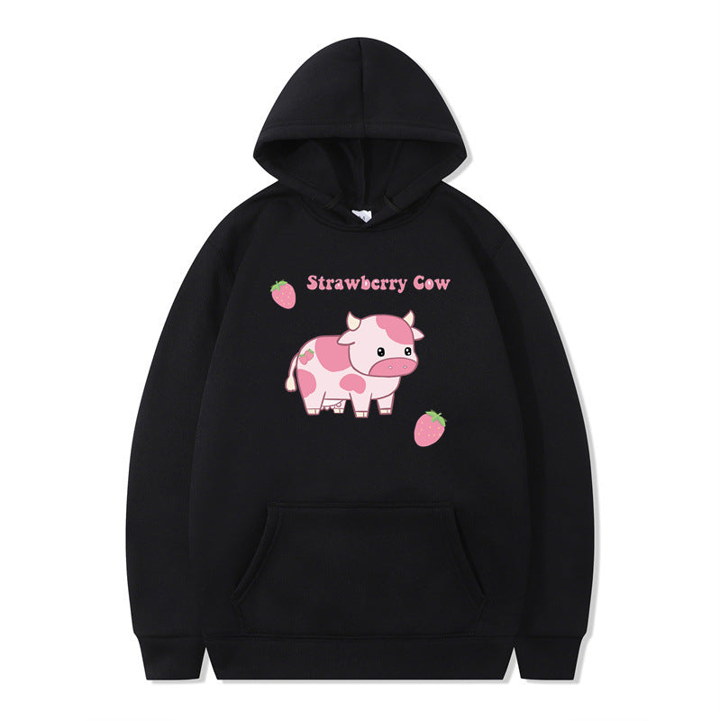 Strawberry Milk Print Long-sleeved Hoodie