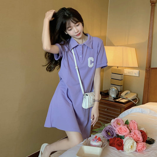 Women's medium length Polo neck short sleeved T-shirt dress