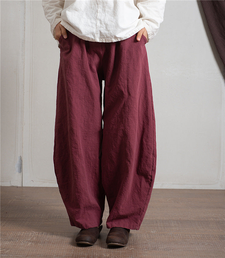 Pantalones de pierna ancha estilo harén de lino y algodón para mujer, informales, sencillos, con cintura elástica