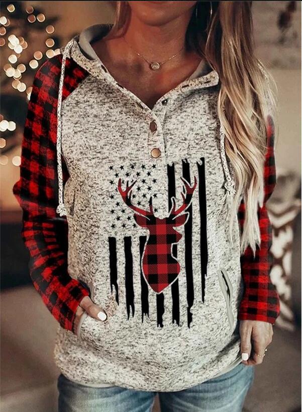 Hooded Loose Fleece Sweater Plaid Printed Long-sleeved Top