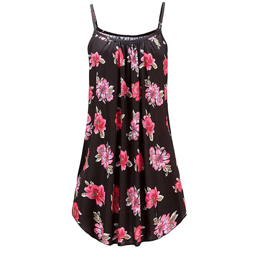 Printed pleated large swing loose strap dress