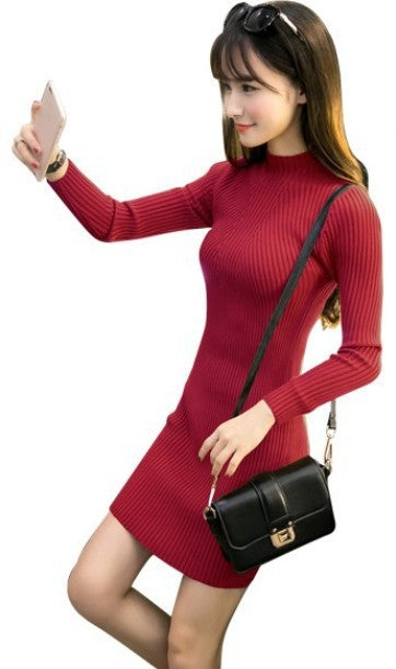 Fashion half high neck hip wrap knit dress