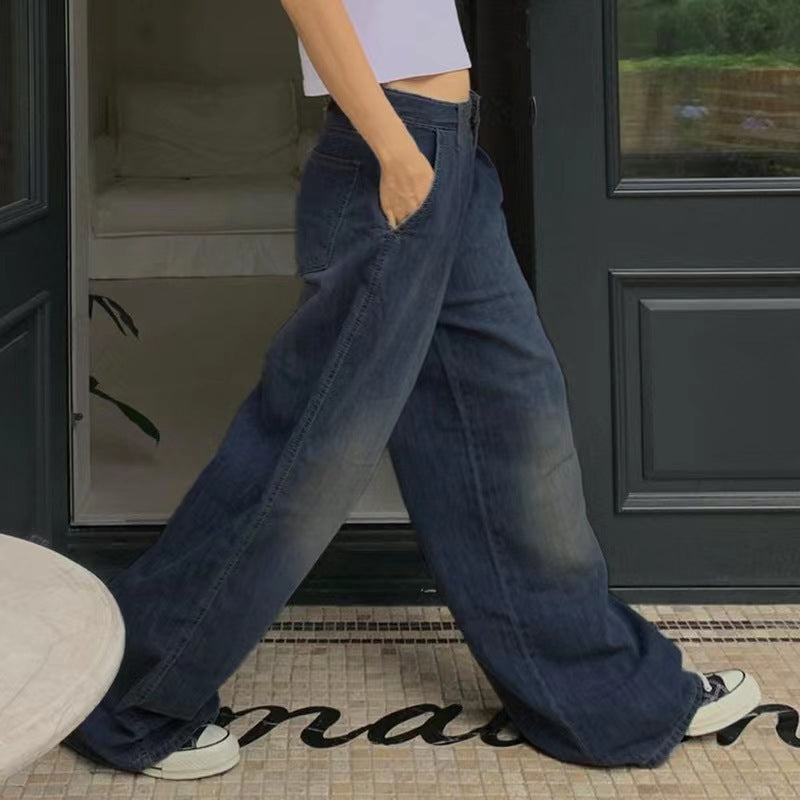 Washed Casual Loose Retro Blue Jeans Simple Fashion High Waist Wide Leg