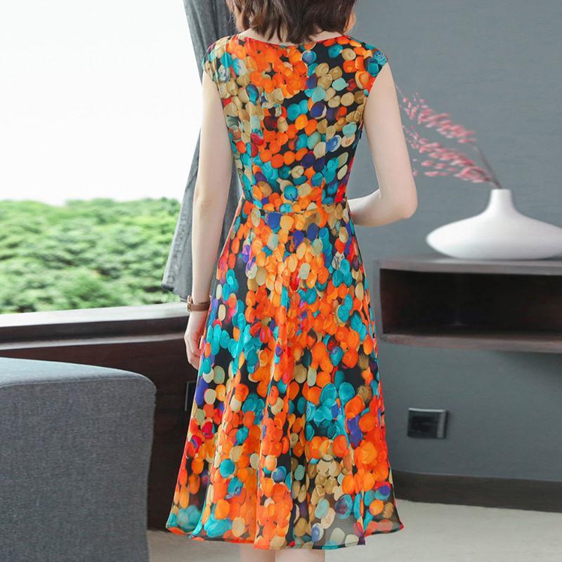 Printed Sleeveless Crewneck Slim Fit Swing Dress