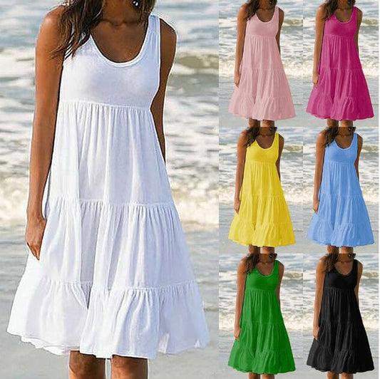 Sleeveless round neck splicing large beach skirt