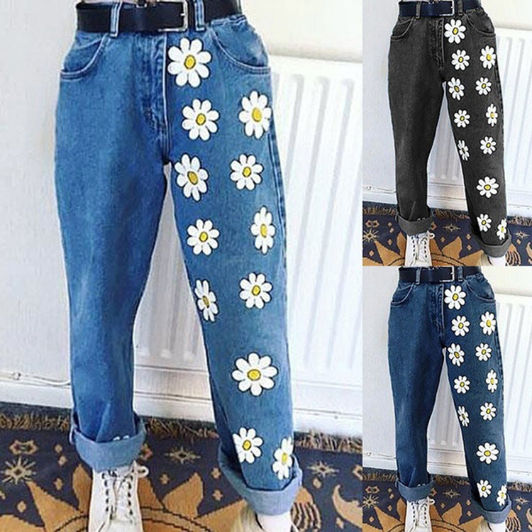 Printed slim denim pants