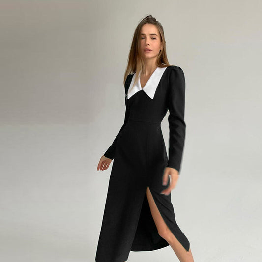 Women's Long Sleeve V Neck Slim Fit Solid Color Split Temperament Dress