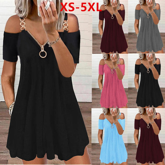 Fashion Short Sleeve Solid Color Metal Zipper V-neck Casual Dress