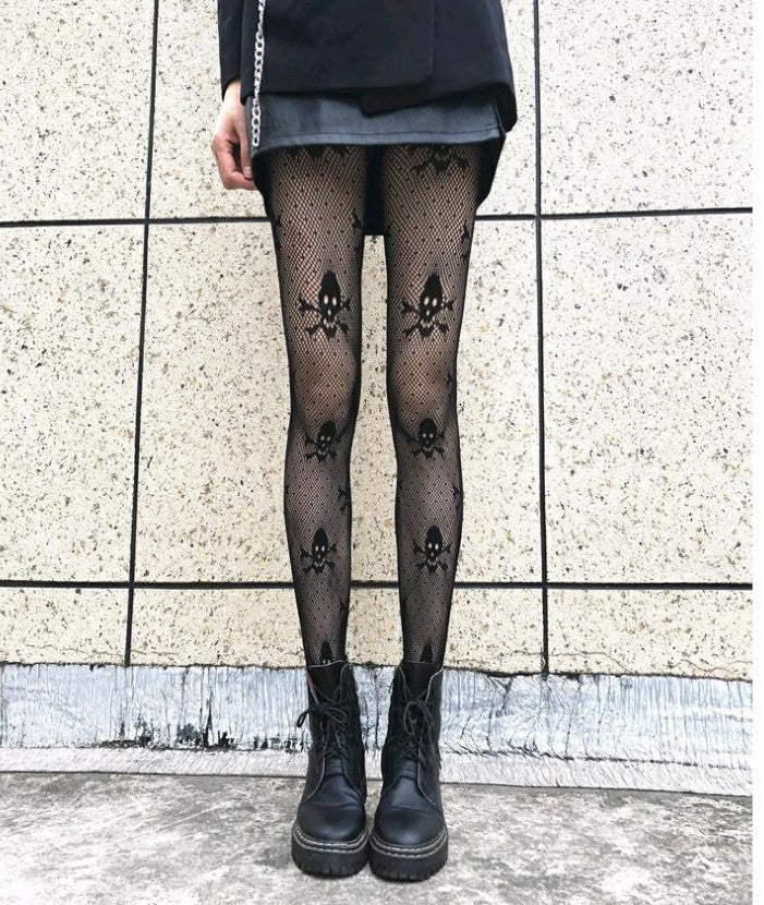 Skull Black Silk Fishnet Stockings Women's Panty Halloween Fishnet Socks