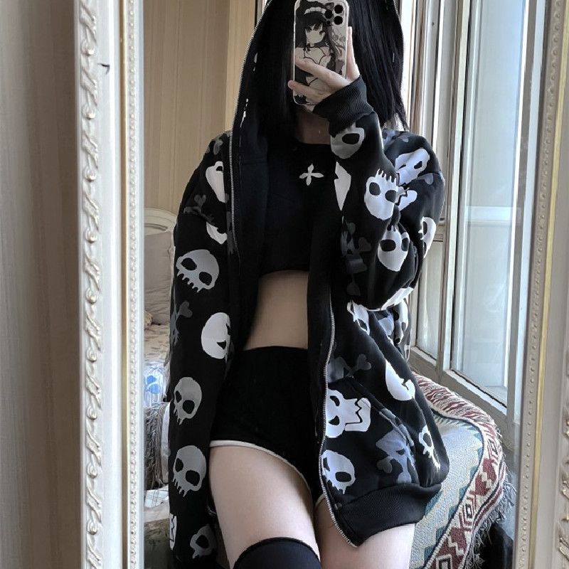 Dark Wind Skull Cardigan Hoodie Oversize Loose Hooded Zipper Thin Style Coat