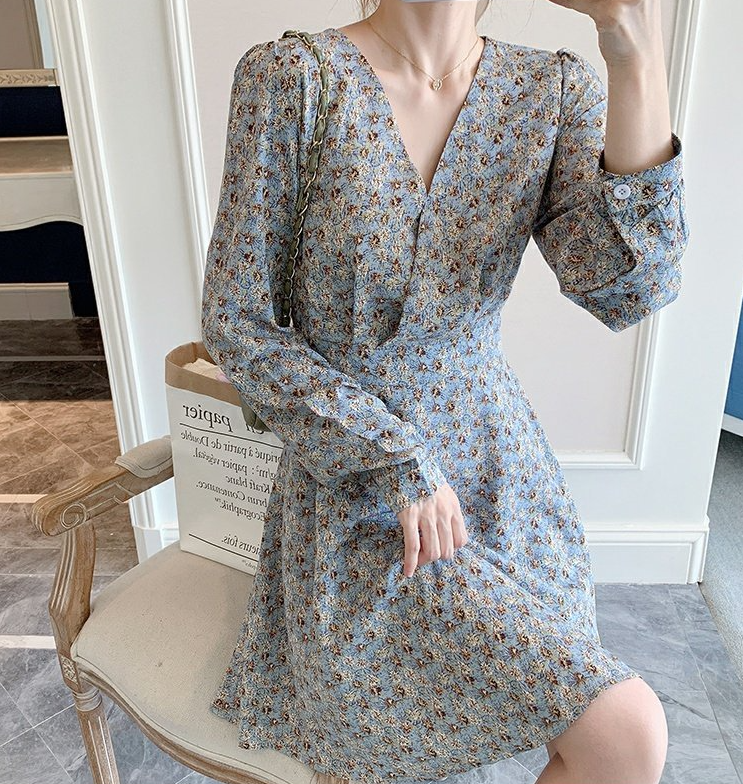 Slim slim long-sleeved floral jumpsuit skirt