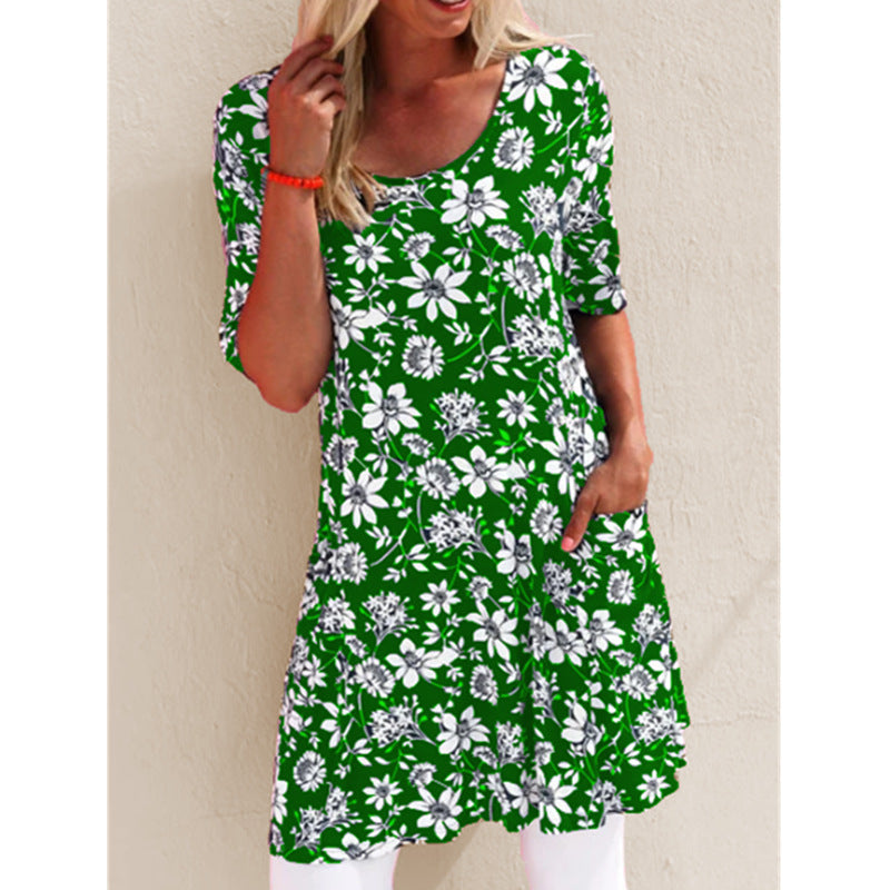 Summer Fashion Printed Loose Short Sleeve Pocket Dress Floral Dress