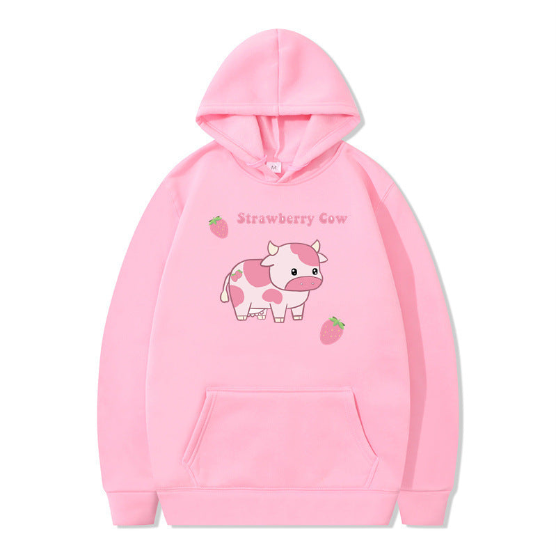 Strawberry Milk Print Long-sleeved Hoodie